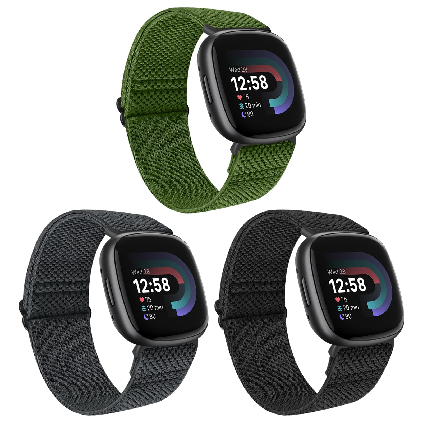 Huamanlou 3 Pack Elastic Nylon Straps Compatible with Fitbit Versa 4/Versa 3/Sense 2/Sense, Soft Loop Adjustable Sport Replacement Wristbands for Women Men