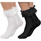 Ajcotahm 2 Pairs Solid Womens Ruffle Socks, Breathable Cotton Ankle Sock, Cute Lace Casual Socks, Slouch Athletic Socks for Fashion Ladies Princess Women Girls (Black and White)