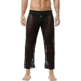 DTODWW Mens Mesh Pants Fishnet Long Pants See Through Pajamas Bottoms Drawstring Pajamas Bottoms Swimming Wear