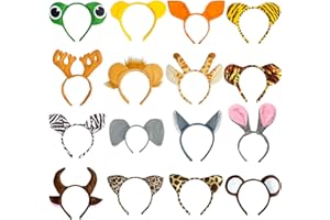 Flying Childhood 16Pcs Jungle Animal Ears Headbands as Safari Party Favors Wild One Birthday Decorations Plush Animal Headpiece for Kids Adults