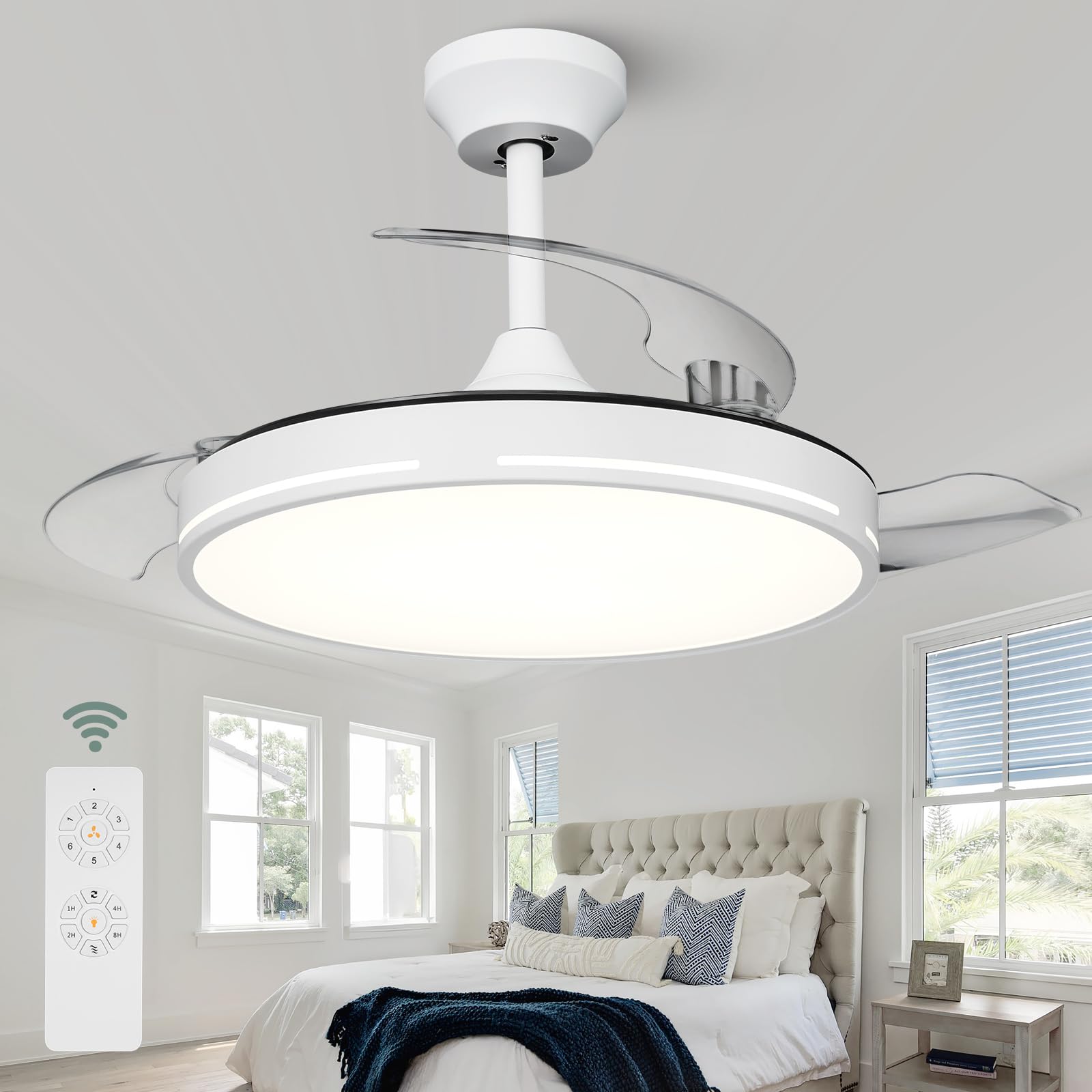 Photo 1 of Morkefan 42 inch Retractable Ceiling Fan, Full Spectrum White Ceiling Fan with Light and Remote, Modern Fandelier with LED Memory Light Retractable Blades DC Motor for Bedroom Living Dining Room