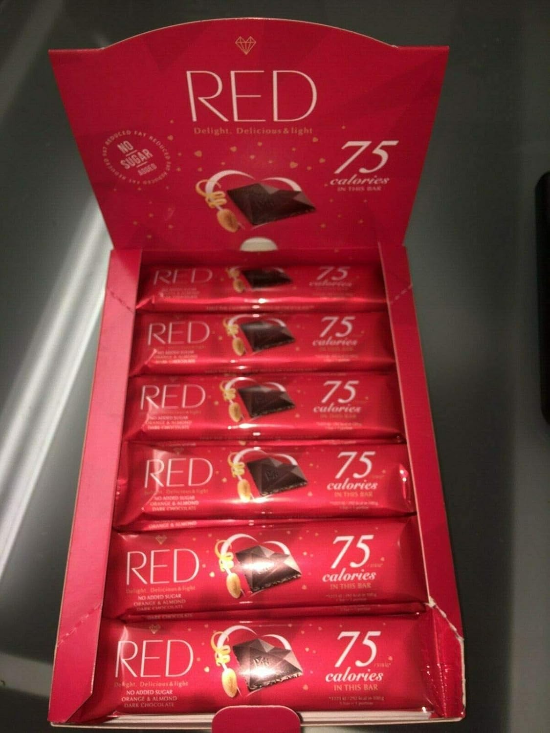 Reduced Calorie RED Dark Chocolate Orange & Almond 75 kcal per Bar (26g