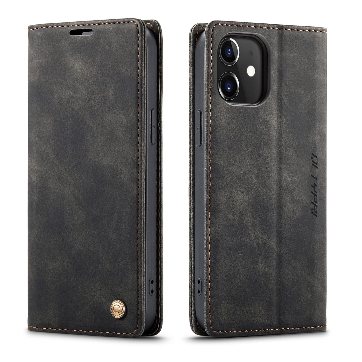 QLTYPRI Compatible with iPhone 12 Case and iPhone 12 Pro Case, Vintage PU Leather Wallet Case Card Slot Kickstand Magnetic Flip Folio Book Phone Cover - Black — image 1