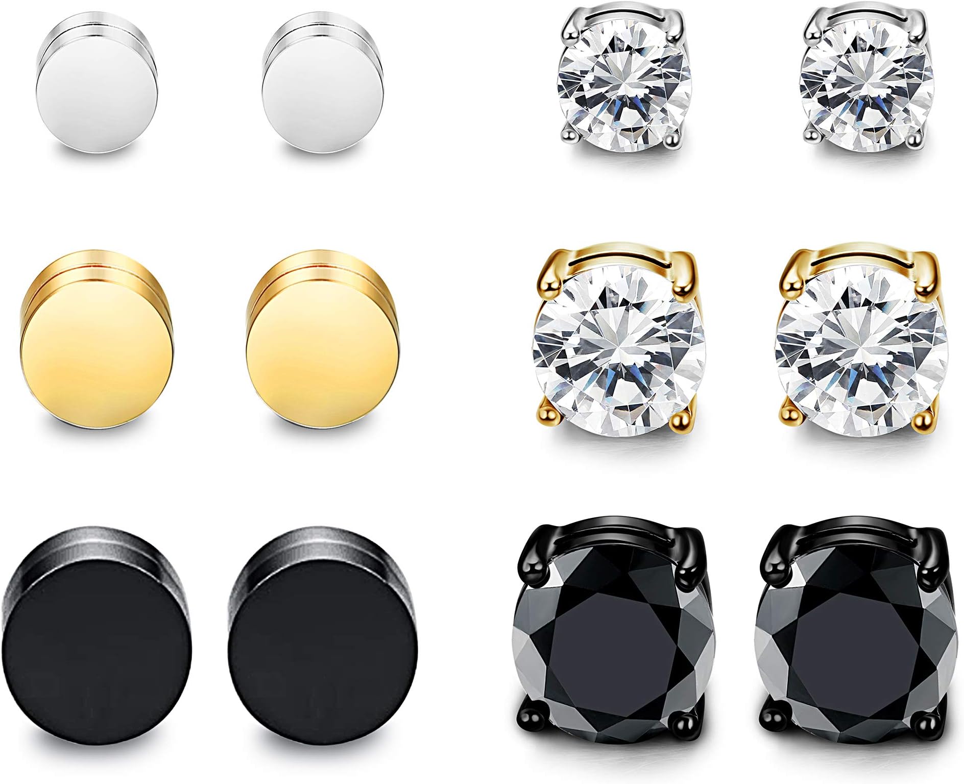Thunaraz 6 Pairs Stainless Steel Magnetic Earrings CZ Earrings Fake Gauges Earring Studs for Men Women Non Pierced 6/8/10mm