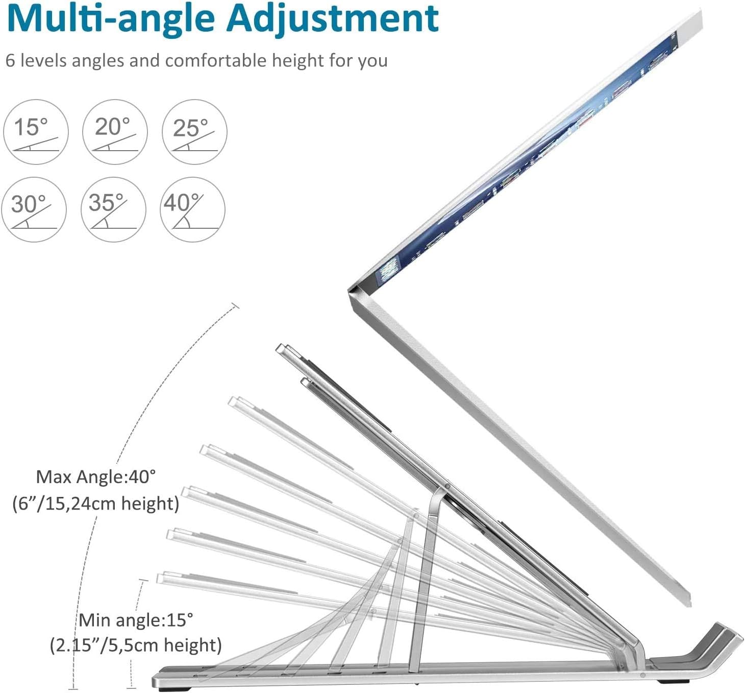 Laptop Stand, iVoler Laptop Holder Riser Computer Tablet Stand, 6 Angles Adjustable Aluminum Ergonomic Foldable Portable Desktop Holder Compatible with MacBook,iPad, HP, Dell, Lenovo 10-15.6” Silver