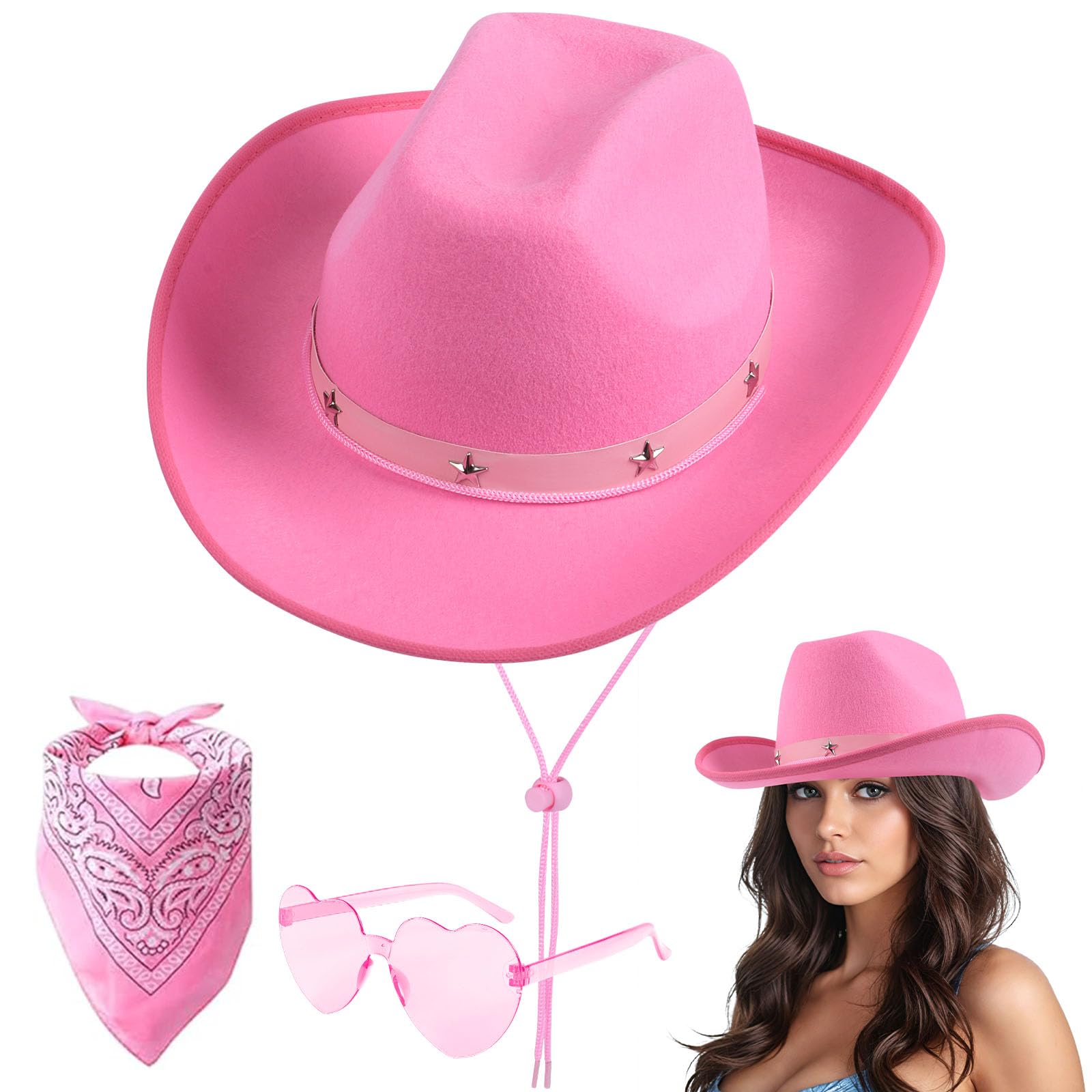 Aomig 3Pcs Cowboy Hat Fancy Dress Accessory, Cowboy Costume Set with Paisley Bandanna and Glasses, Western Cowboy Fancy Dress Costume for Birthday Halloween Bachelorette Bachelor Party Cosplay(Pink) — image 1