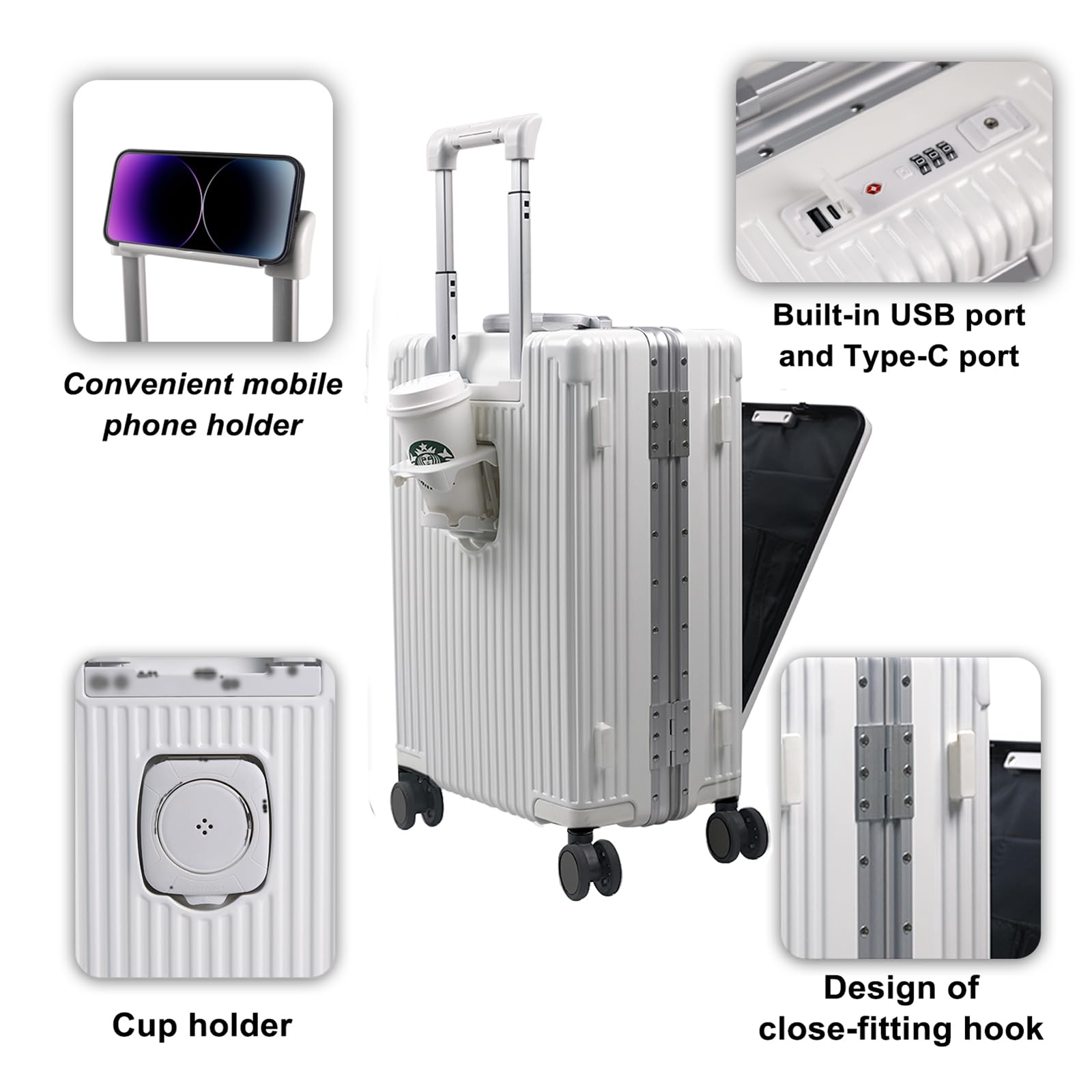 DwanNuts Carry On Luggage with Cup Holder and Usb Port, Aluminum Frame, Front Compartment, TSA Lock, 22x14x9 Airline Approved Hardside Suitcase with Spinner Wheels(White, 20-lnch)