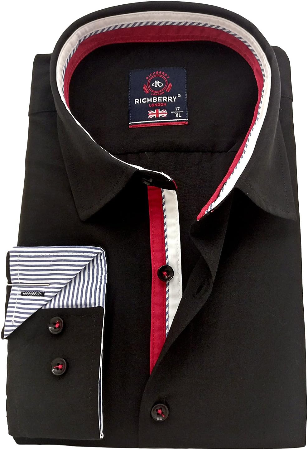 RICHBERRY Men's Contrast Trim Regular Fit Long Sleeve Plain Shirt
