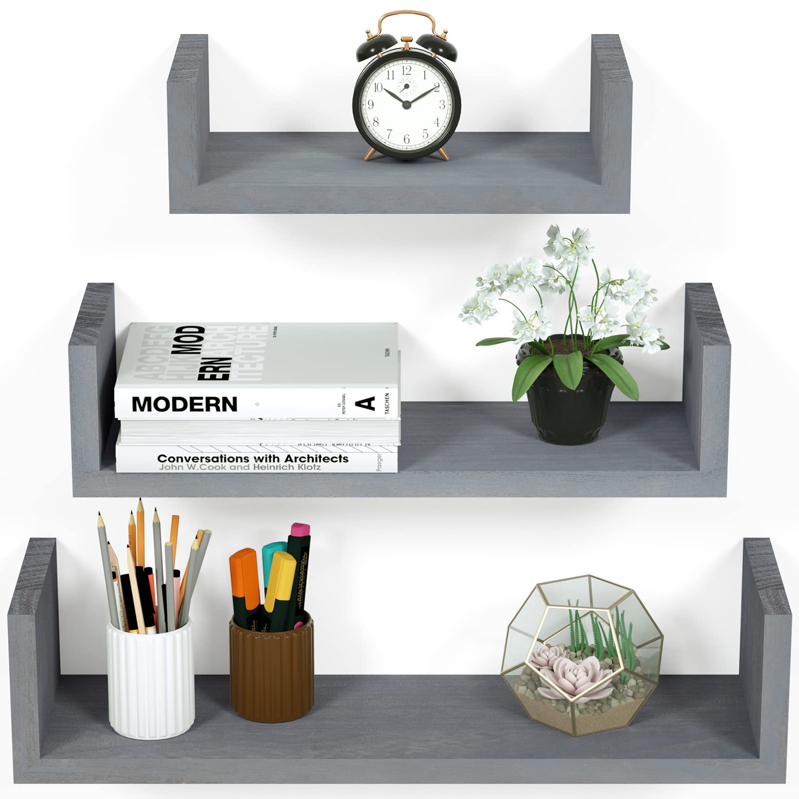 SRIWATANA Floating Shelves, 3-stier Solid Wood Wall Shelves for Bedroom, Living Room, Bathroom, Kitchen, Office and more, Grey