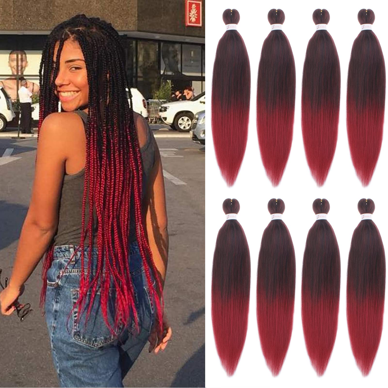 Xtrend 30 Inch EZ Braids 8Packs Ombre Bungundy Pre-Stretched Easy Braiding Hair Extensions Itch Free Hot Water Setting Synthetic Fiber Hair Extensions 1B900#