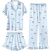 Umeyda Girls 3 Pieces Pajamas Sets Silk Satin Ruffle Sleepwear Short Sleeve Button-Down 3Pjs Nightwear, 5-14 Years