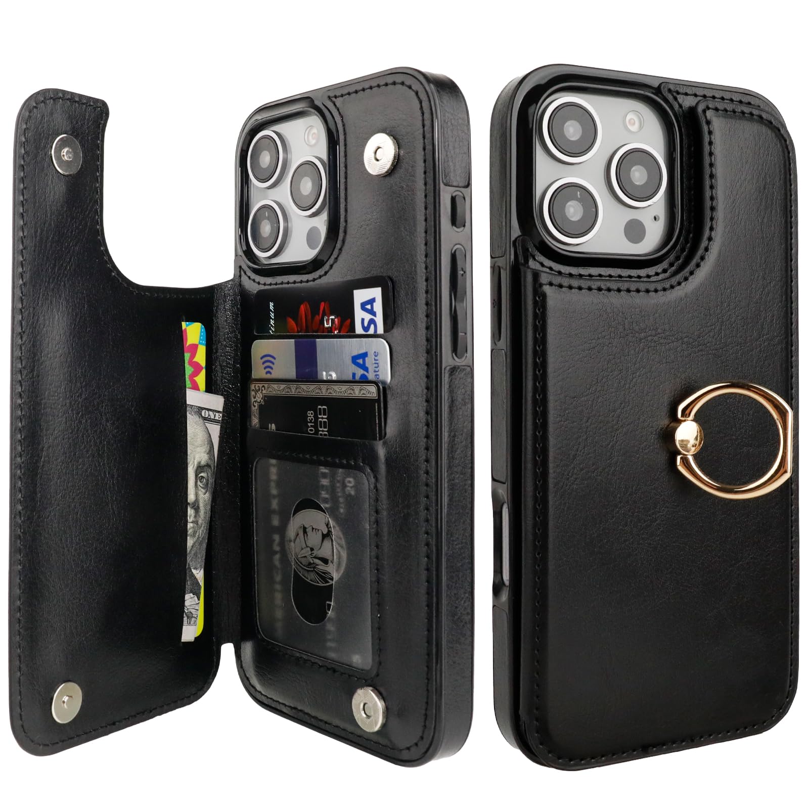 Photo 1 of ONETOP for iPhone 16 Pro Max Wallet Case with Card Holder, 360° Rotation Ring Kickstand RFID Blocking PU Leather Double Magnetic Clasp Shockproof Cover for Women and Girls 6.9 Inch (Black)