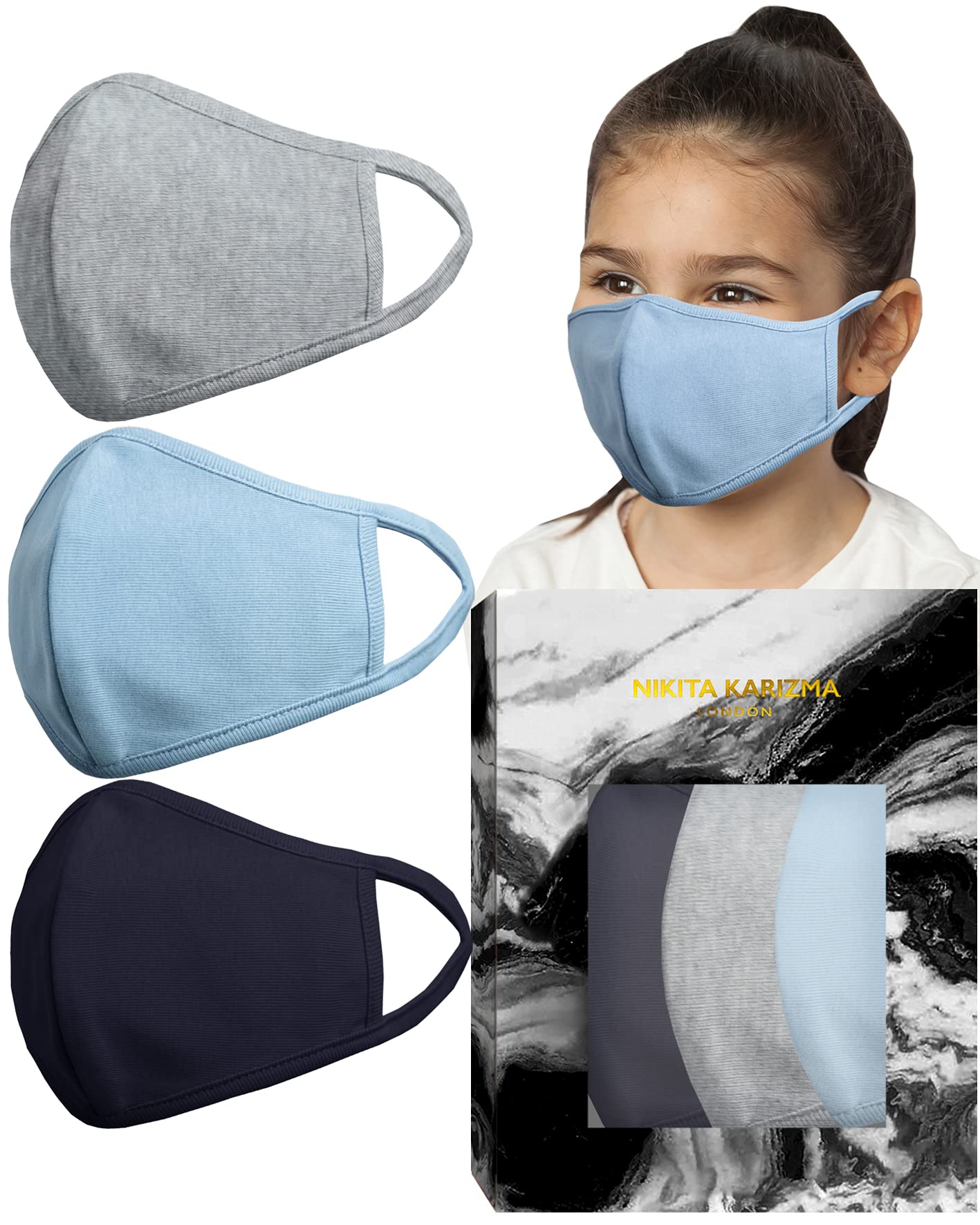 KARIZMA Stretch Sculpt Childrens in Blue and Grey Face Masks Fabric Face Mask 3 Kids Masks