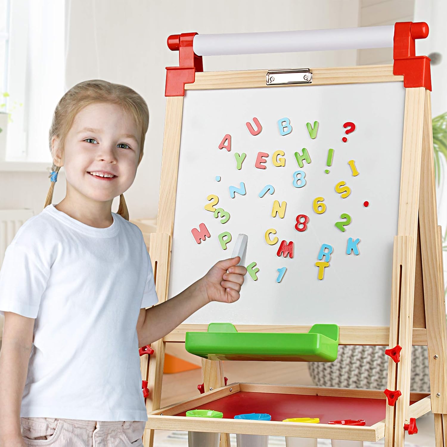 Joyooss Kids Wooden Easel with Extra Letters and Numbers Magnets, Adjustable Double Sided Drawing Board Whiteboard & Chalkboard Dry Easel Board, Children Art Easel for Boys Girls Painting Drawing: Toys & Games