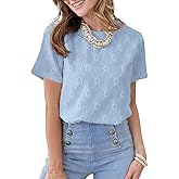 Dokotoo Women's Tops Casual Scoop Neck Short Sleeve Eyelet Embroidered Hollow Out Blouses Shirts