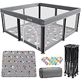 Foldable Baby Playpen with Mat,50"×50" Collapsible Playard for Babies and Toddlers,Indoor&Outdoor Kids Safety Play Pen,Portable Travel Playpen with Travel Pack and 50 Ocean Balls