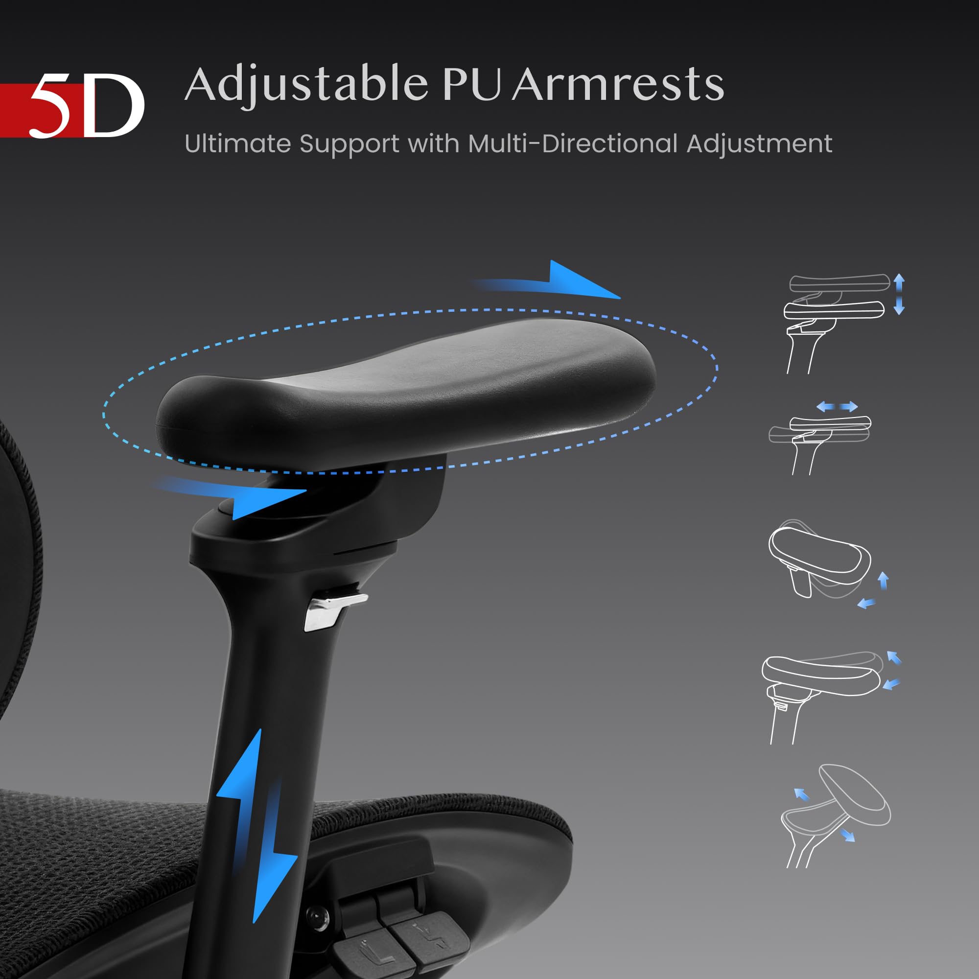 FLEXISPOT Ergonomischer Stuhl bis 300 kg, mit Fußstütze 4D Kopfstütze & 5D Armlehnen,Einteiliger Rücken- & Lendenstütze Bürostuhl für Büro und Gaming, ErgoX Max, Schwarz 5