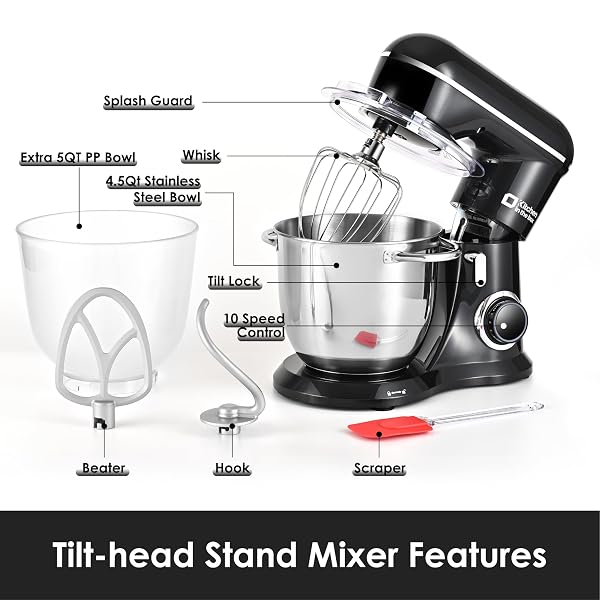 KITCHEN IN THE BOX STAND MIXER, 5QT TWO BOWLS ELECTRIC FOOD MIXER, 10 SPEEDS 3-IN-1 KITCHEN MIXER FOR DAILY USE WITH EGG WHISK,DOUGH HOOK,FLAT BEATER (BLACK, 5QT)