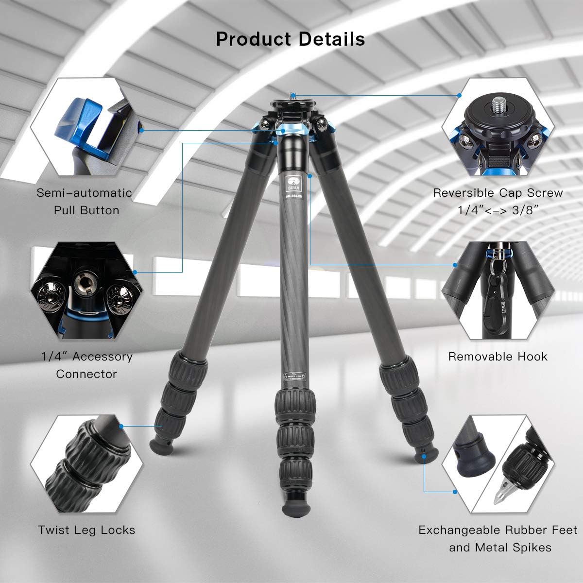 SIRUI AM-284 Carbon Fibre Professional Travel Tripod for Camera DSLR, Camcorder, Smartphone - Max Load 15kg - Image 3