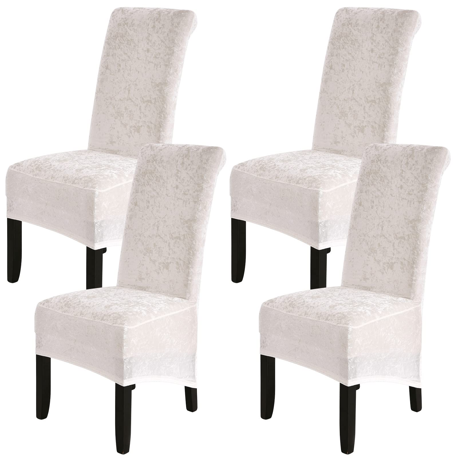Dining Chair Covers Set of 4 - Crushed Velvet XL Chair Covers for Dining Chairs 4, Stretch High Back Dining Chair Slipcovers Chair Protector for Dining Room Wedding Hotel Banquet Party (Beige White)