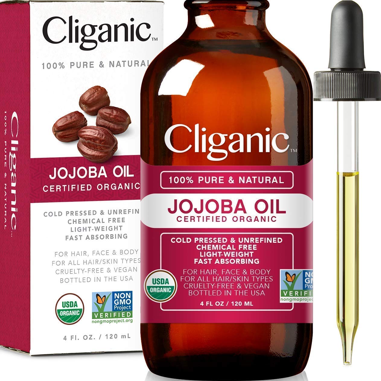 Cliganic Organic Nature’s Glow Oils Trio: Jojoba, Argan & Rosehip - For Face, Hair & Body