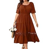 RWJ Women's Plus Size Maxi Dress Short Sleeve Square Neck Flowy A-Line Lace Trim Flutter Party Casual Off Shoulder Dresses
