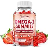 Vegan Omega-3 Gummies 1000mg, Omega 3 Fish Oil Alternative for Adults, Plant Based DHA 460mg & EPA 230mg w/Vitamin A, C, E - for Brain, Eye & Immune Health, Sugar Free, Strawberry Flavor, 60 Count