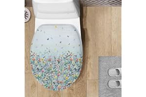 Garucesta Toilet Lid Cover with Elastic Straps Flannel Toilet Lid Seat Cover for Bathroom Machine Washable Fits Most Toilet Lids, Elongated and Round Lids, Butterfly Daisy Floral Pattern Blue