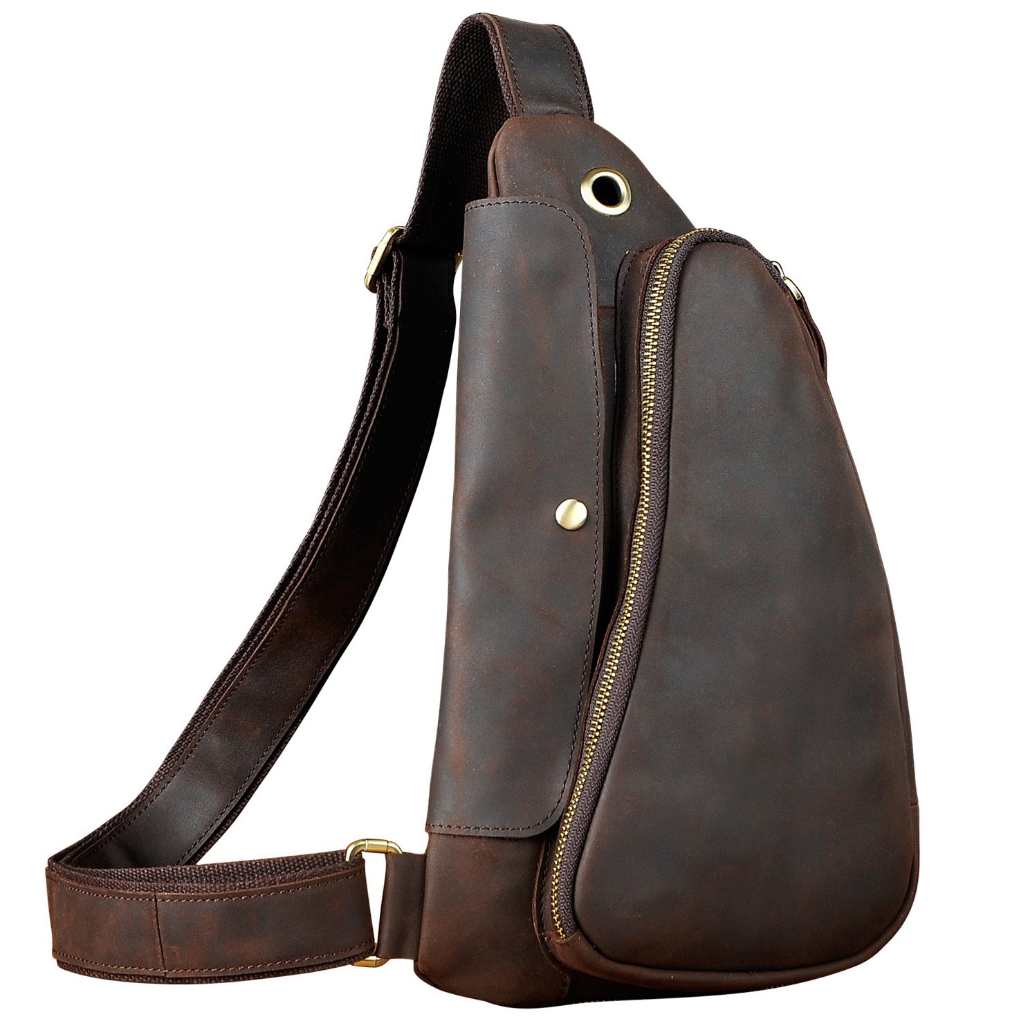 Le'aokuu Leather Sling Bag Cycling One Shoulder Strap Bag Backpack Waist Chest Bag Pack 9976 (9976 Dark Brown 2)
