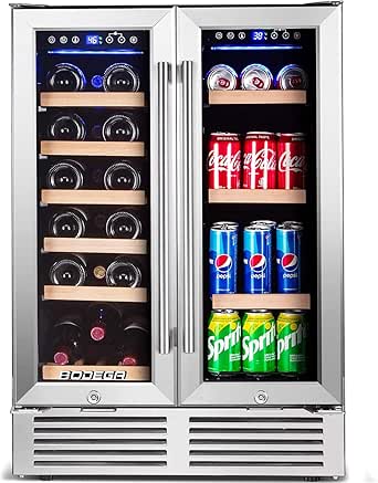 BODEGA Wine and Beverage Refrigerator,24 Inch Dual Zone Wine Cooler With Memory Temperature Control Built-In or Freestanding 2 Safety Locks Soft LED Light Quiet Operation Hold 19 Bottles and 57 Cans