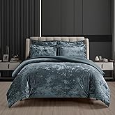 Fredsure Distressed Velvet Comforter Set, 5 Pieces Smoke Blue Queen, Distressed Velvet Face and Brushed Microfiber Reverse