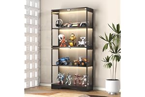 UNIQUITE Display Cabinet with Glass Doors, LED Curio Cabinet with RGB Human Body Sensor Light, 4-Tier Figure Display Case for Collectibles, Tall Bookcase with 4 Shelves, Storage Cabinets, Showcase