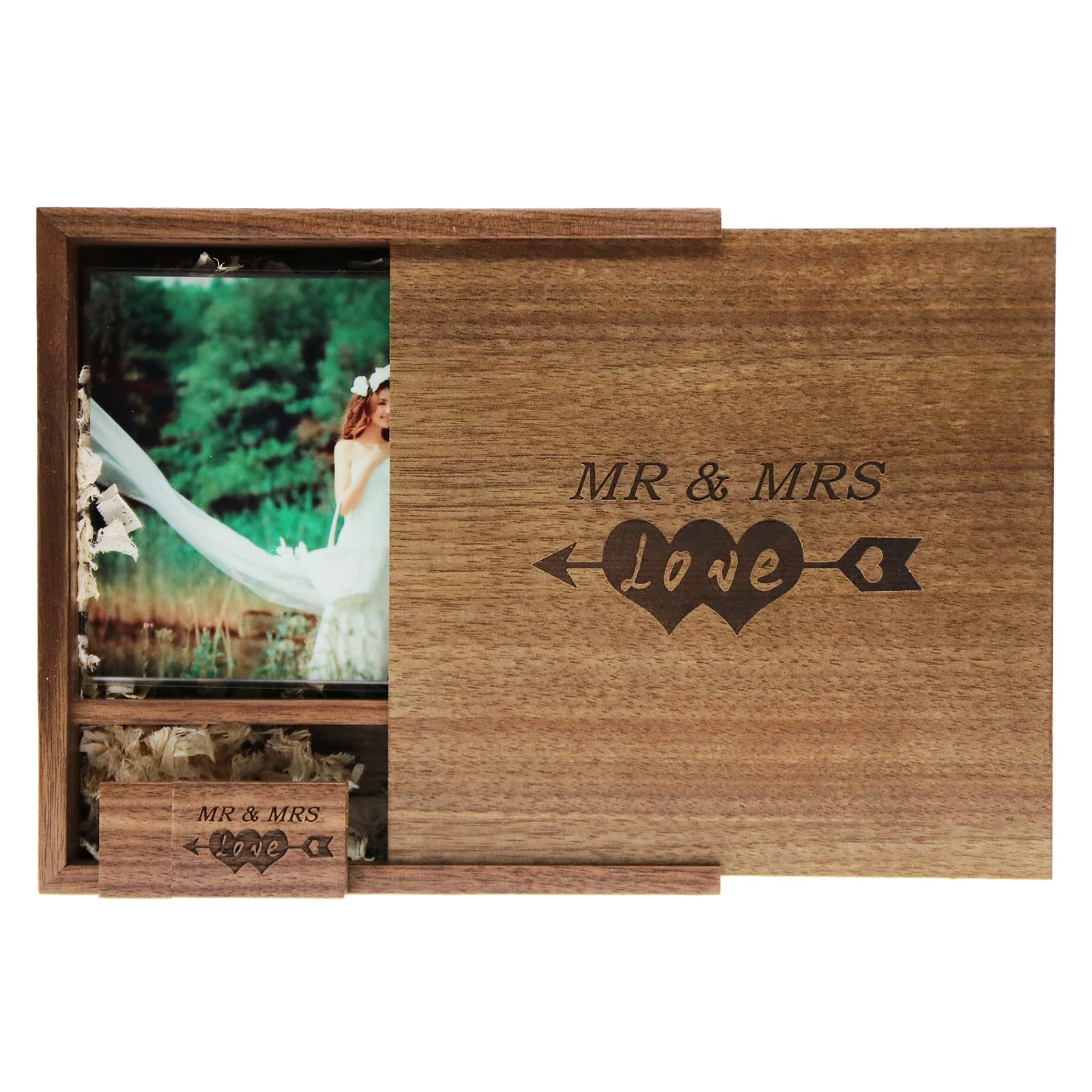 LXSINO 32GB USB 3.0 Flash Drive Engraved 'MR & MRS' and 'LOVE' - Wood USB Stick with Box (170x170x35mm) for Wedding, Couple, Parents (Walnut)