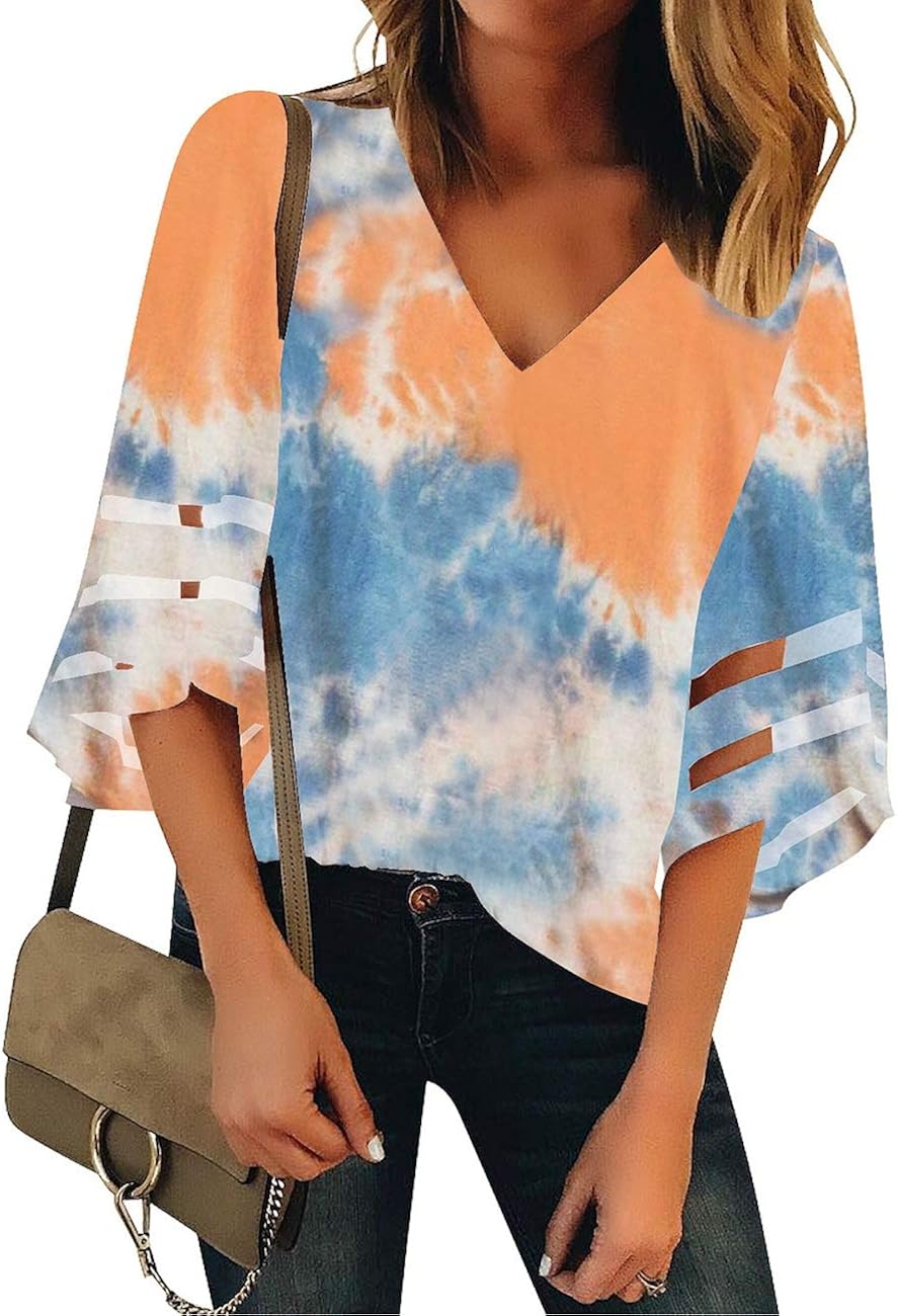 Vetinee Women's 3/4 Bell Sleeve Shirt Mesh Panel Blouse V Neck Casual Loose Tops at  Women’s Clothing store