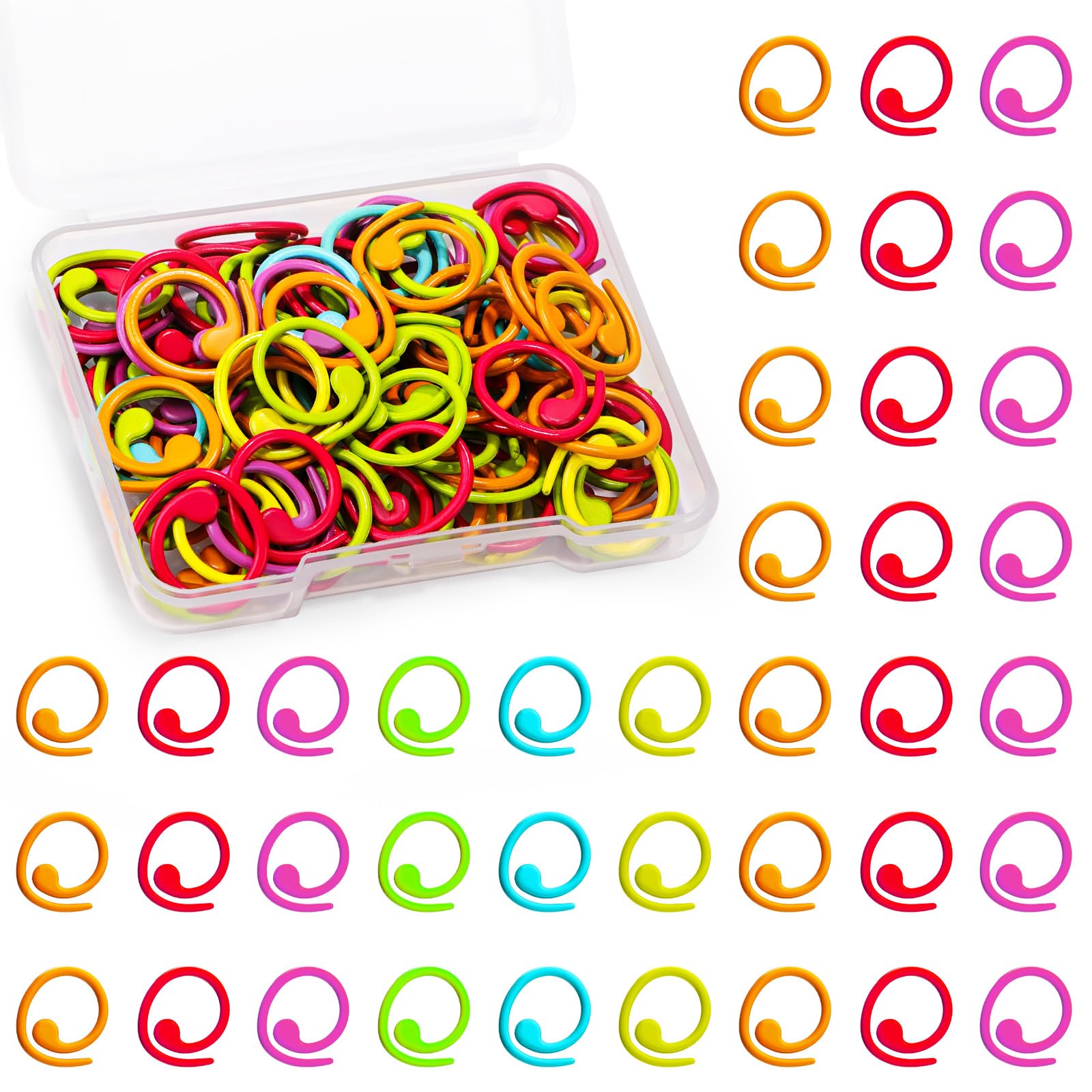 Easusy Stitch Markers, 100Pcs Spiral Metal Colorful Crochet Stitch Markers for Crocheting Clothing Tag DIY Craft Project with Storage Box