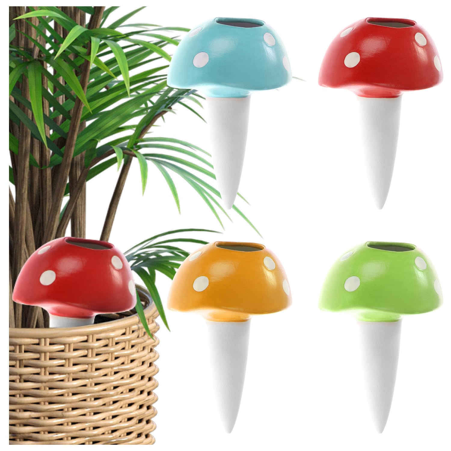 COM-FOUR® 4x automatic watering for indoor plants - water dispenser for plants - clay cones for watering flowers - hydrospikes (04 pieces - mushrooms)