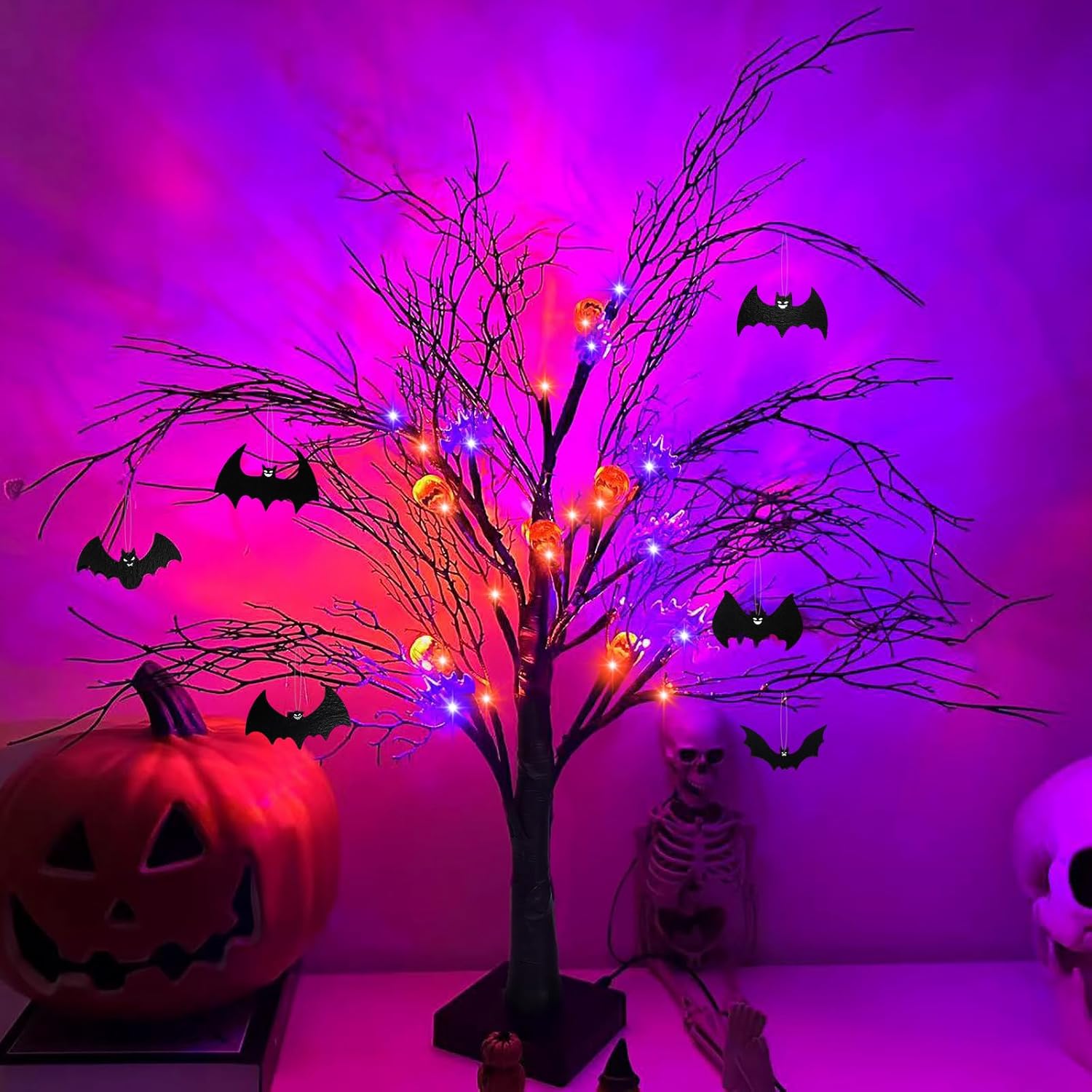 Trees - 24Inch Black Halloween Spooky Tree with Purple & Orange Lights,Light up Halloween Decorations,Halloween Tabletop Decor with Pumpkin & Bat Ornaments for Indoor Home Party Decor