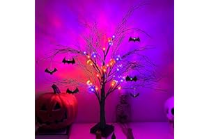 ZYP 24Inch Black Halloween Spooky Tree with Purple & Orange Lights,Lighted up Halloween Decorations,Halloween Tabletop Decor with Pumpkin & Bat Ornaments for Indoor Home Party Deco