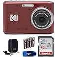 KODAK Pixpro FZ45 Digital Camera Bundle, Includes: SanDisk 32GB Memory Card, Spare Batteries, Hard Shell Camera Case and Card Reader (5 Items) (Red)