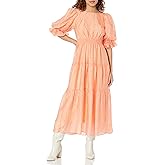 Moon River Womens Puff Sleeve Shirred Tiered Midi Dress