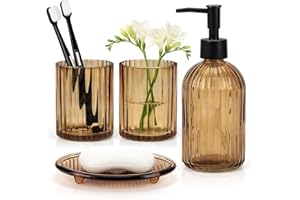 Topsky Glass Bathroom Accessories Set of 4,Clear Vertical Stripe Design with 400ml Liquid Hand Soap Dispenser,Toothbrush Hold