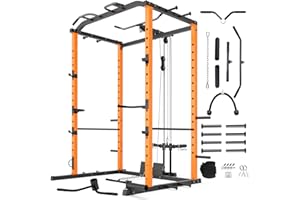 VANSWE Power Cage with LAT Pulldown Attachment, 1200-Pound Capacity Power Rack Full Home Gym Equipment with Multi-Grip Pull-up Bar, Landmine, T bar and Dip Handle