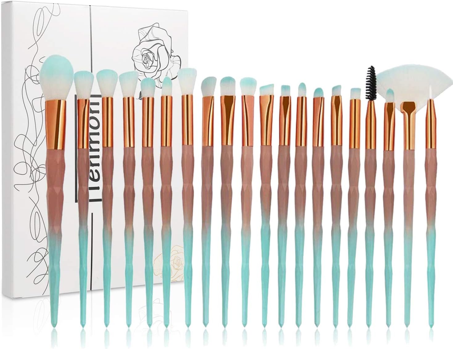 Tenmon 20pcs Unicorn Shiny Gold Diamond Makeup Brush Set with Box Professional Foundation Powder Cream Blush Brush Kits (Green)