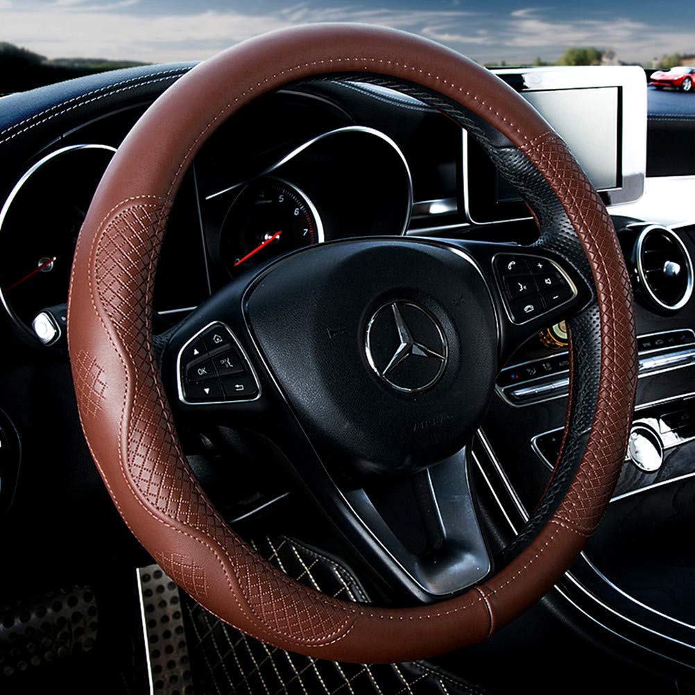 Menifomory Brown Leather Car Steering Wheel Cover Universal 15inch Fit (A-Brown-M)
