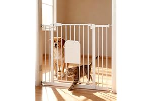 FUZZYNEST Adjustable Pet Gate with Cat Door, Auto-Close Pressure-Mounted Safety Gate for Doorways & Stairs – Ideal for Multi-Pet Homes (29–45 Inches, White)