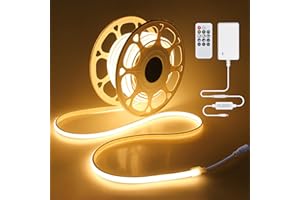 Samsion 24V COB LED Strip Light Warm White 32.8FT Dimmable LED Tape Light with Dimmer 3000K High Density 320LEDs/M Waterproof LED Rope Light Cuttable Includes Adapter for Building Garden Rooftop 10M