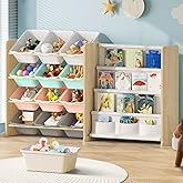 EXPERLAM Kids Toy Storage Organizer with Bookshelf - 12 Multi-Color Bins and 4 Book Shelves, Organizers and Storage for Playroom, Nursery, Room, Burlywood