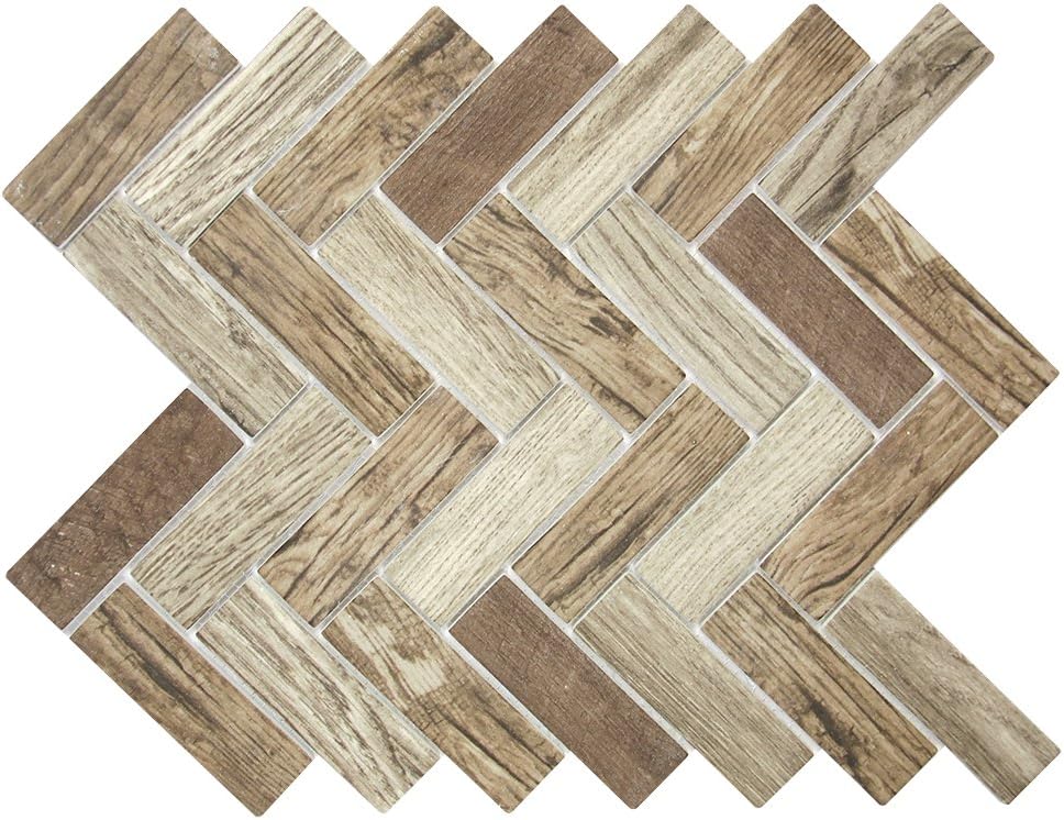 Spigacycle Beige Recycled Glass in Herringbone Wood Pattern - Kitchen Backsplash/Tub Surround/Floor Tile - Wood Caoba Mix (6 Sheets)