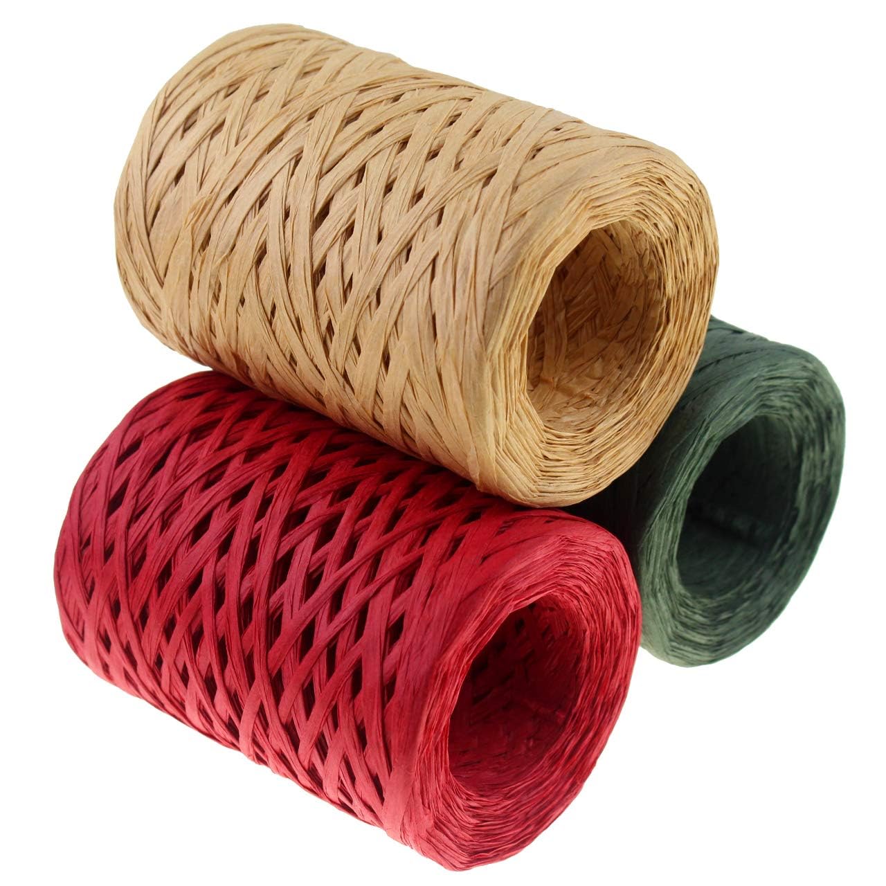 POPOYU 3Rolls 300M Christmas Raffia Paper Ribbon,Natural Green Red Raffia Paper String Packing Ribbon Raffia Yarn Christmas Matte Raffia Twine Ribbons for Gift Wrapping Christmas Party Supplies
