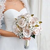 YSOJMAN 9 Inch Wedding Bouquet for Bride Bridesmaid Champagne Silk Rose Bouquet for Wedding Party Prom Decoration (Champagne2)
